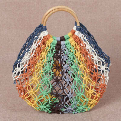 Woven drawstring bag, wooden handle, bright rainbow color, handmade work, chic and chic.  กระเป๋าสานถักเชือก หูจับเป็นไม้ สีรุ้งสดใส งานแฮนด์เมด มีความเก๋ชิค